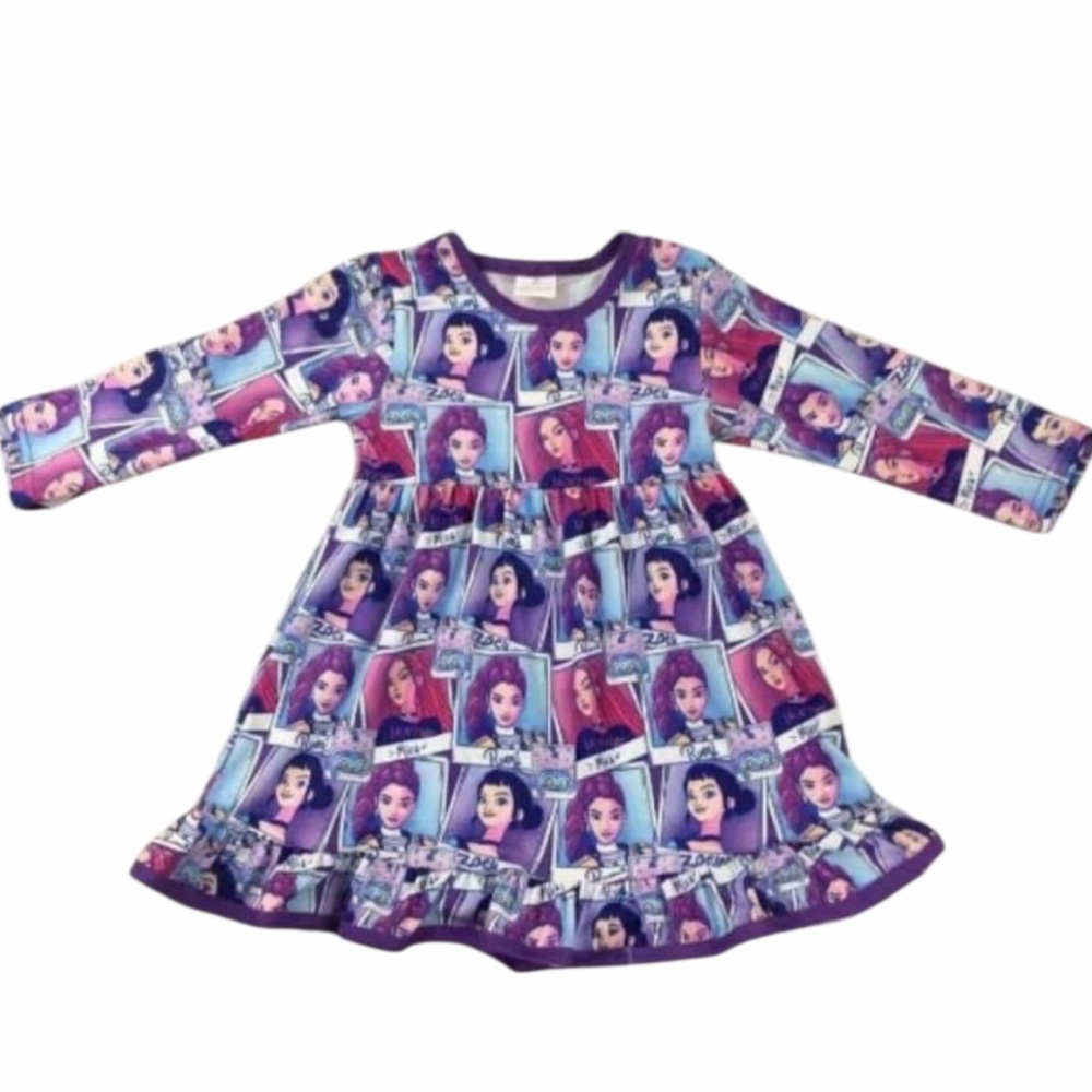New K-Pop Demon Hunters Girls Huntrix Print Boutique Dress Milk Silk Ruffle Trim